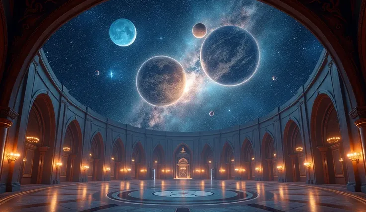 A book Illustration inspiriert planetarium scene with a grand, darkened hall designed for ren . The room is vast and curved, with high ceilings and walls bathed in shadow, creating a sense of awe. Above, the ceiling is a panoramic view of the night sky, sp...