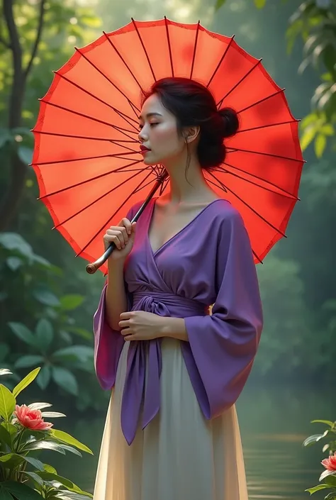  The image shows a woman holding a red umbrella in a natural environment .  She wears a purple blouse that is tied in the center and a light-colored garment at the bottom. Her hair is up,raised breasts and has a serene expression .  The background suggests...