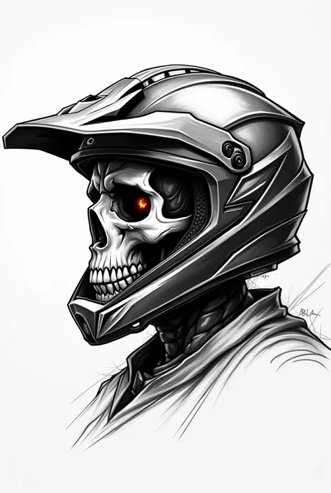 A skull with a motorcycle helmet that is sporty and has a profile with striking colors that has fire in the eyes in black and white in a drawing that the head appears unless it is not realistic to be closed in a motocross helmet that is in profile 