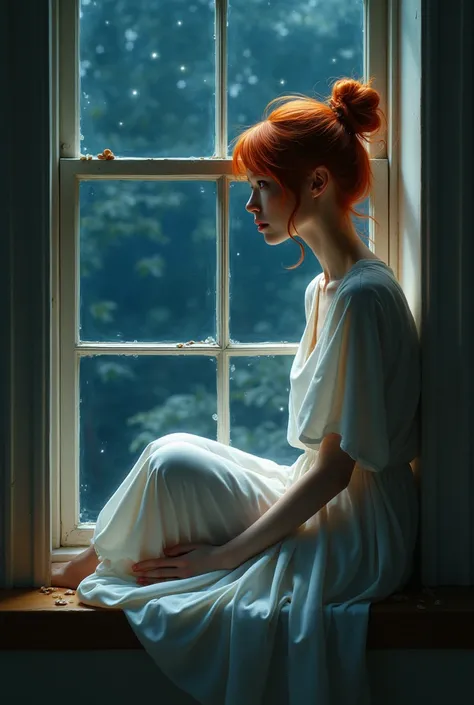 Red hair in a bun messy beautiful woman in a white nightgown and barefoot sitting on window ledge looking through window at night