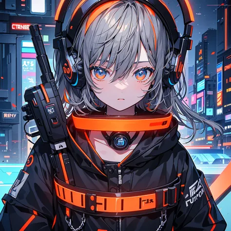  1 teenager、 shortcut、 top quality、masterpiece、 Official Art 、8k, cowboy shot 、Draw a picture towards the viewer 、Grey Hair、 orange highlights on a blue base、 The headphones glow fluorescent orange 、 cyberpunk、