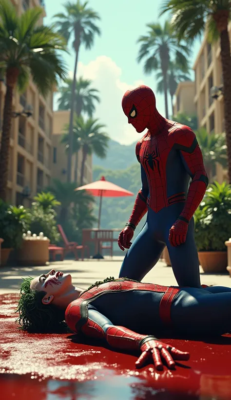 Blooded Joker fall down on ground and spiderman standing near him, at the resort