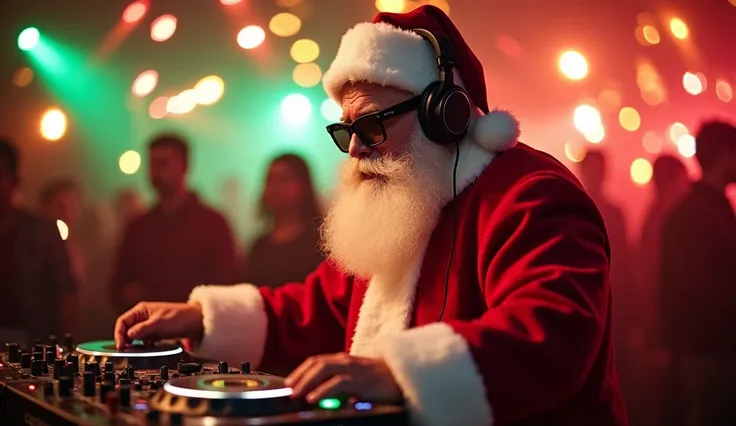 Create a festive scene of Santa Claus wearing sunglasses in a lively nightclub atmosphere. He is dressed in his traditional red suit with white trim, wearing headphones and confidently spinning tracks at a DJ console. Surround him with blurred Christmas li...