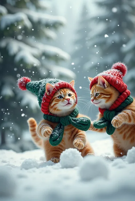 Make an image of realistic cats like the image 、 having a snowball fight in a snowy forest 、 wearing red and green knit hats, respectively