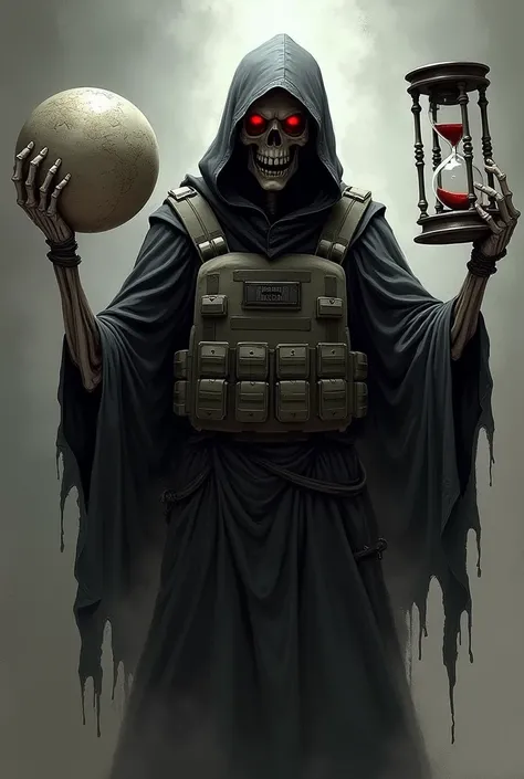 sketch, Death in a no faceless hood ,red-eyed ,in a Plate Carrier, in one bony arm holds a globe , in the other bony arm holds an hourglass 