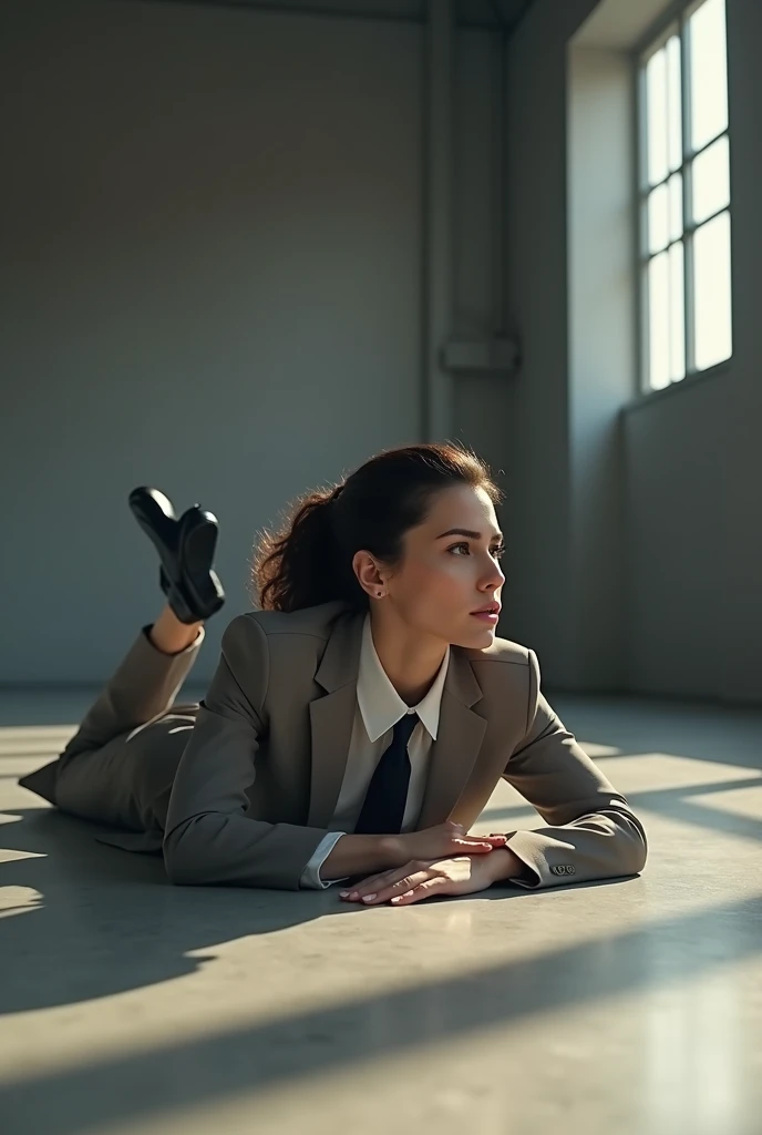 Create me an image of a woman in a suit and tie lying on the floor shot