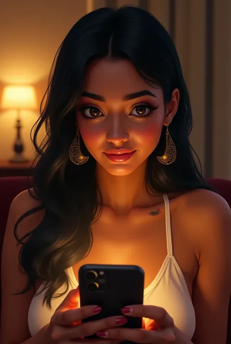 A fat woman with long straight black hair, olive brown skin , plump lips,   cheekbones marked light spot on her golden nose, golden earrings, Half Moon tattoo on the shoulder hugged with the phone open so that she appears chatting with the GPT chat 