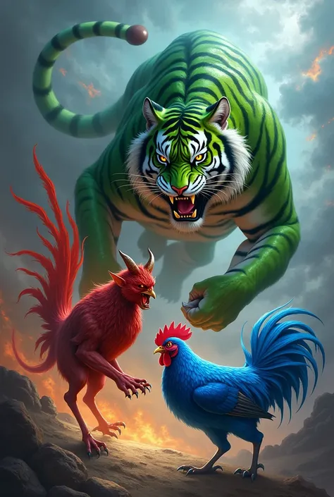 I want a green tiger overcoming a red devil and a blue hen