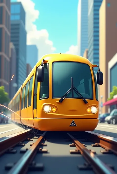 A high-resolution image showcasing a sleek yellow bus cartoon speeding along the electric railway, with a blurred background of the bustling cityscape, capturing the dynamic and fast-paced nature of urban transportation, style cartoon, top of view