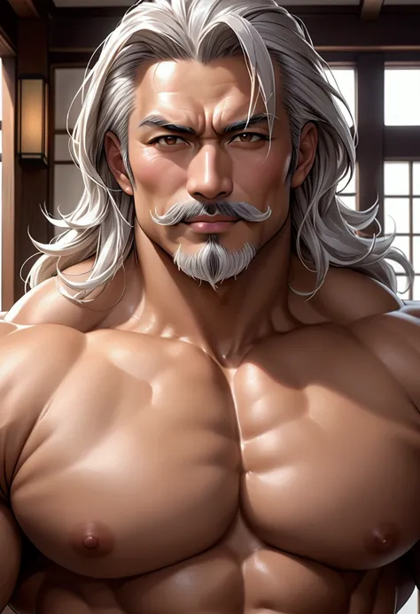 Ultra bulging muscular (Japanese daddy handsome hunk) , voluminous beautiful pecs realistic (aesthetic round chest separation), masterpiece image, (aesthetic bulging muscle), white goatee moustache, close up upper body (with subtle smile expression), white...