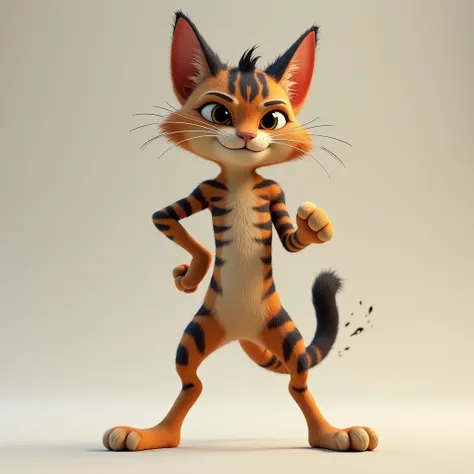 Animated 3D character presented the Tabby Cat Rocker standing with clear front and back legs and scratches on the back legs