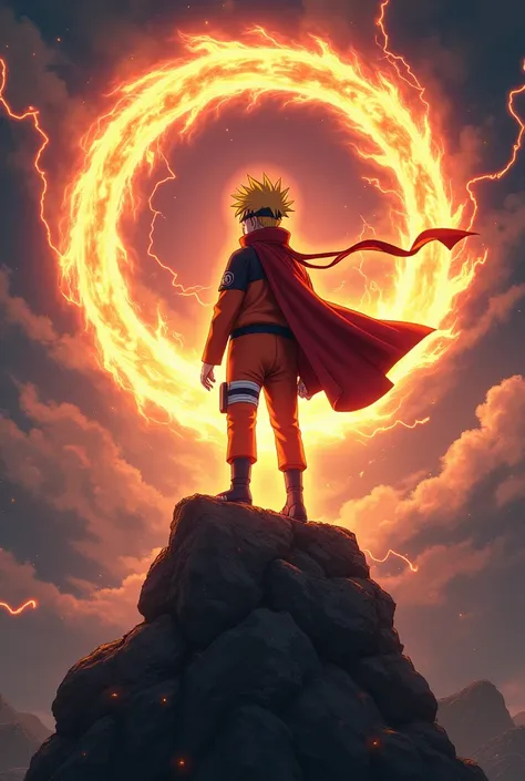  Design a vibrant and energetic scene of Naruto Uzumaki during a significant moment of triumph or transformation. ** It represents Naruto standing on a rocky ledge or in a high place ,  against a dramatic backdrop of revolving energy and stormy skies .**  ...