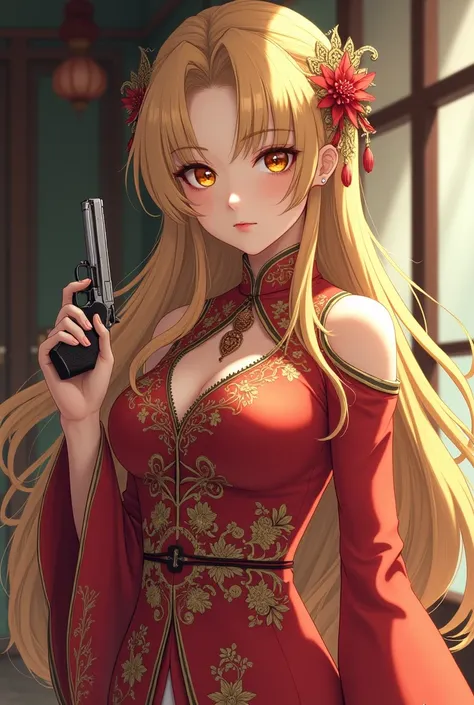 Anime Golden Hair Long Hair Vintage Chinese Dress White Floral Holding Pistol