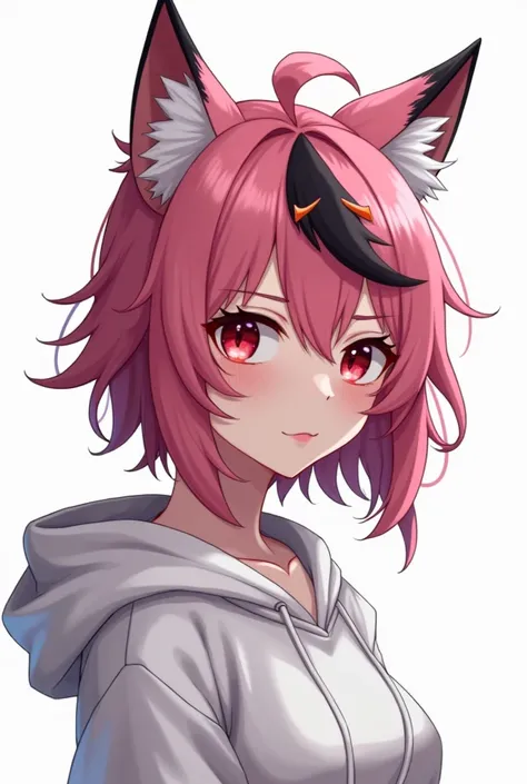 Draw anime female character pink hair with black fringe dark red eyes wolf ears half body white background white hoodie