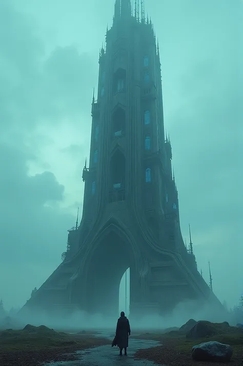 4k wallpaper,  man builds alien wave transmitting technology tower with asymmetrical shape absrud up to earths atmosphere, blue color tone , gothic style, low camera angle