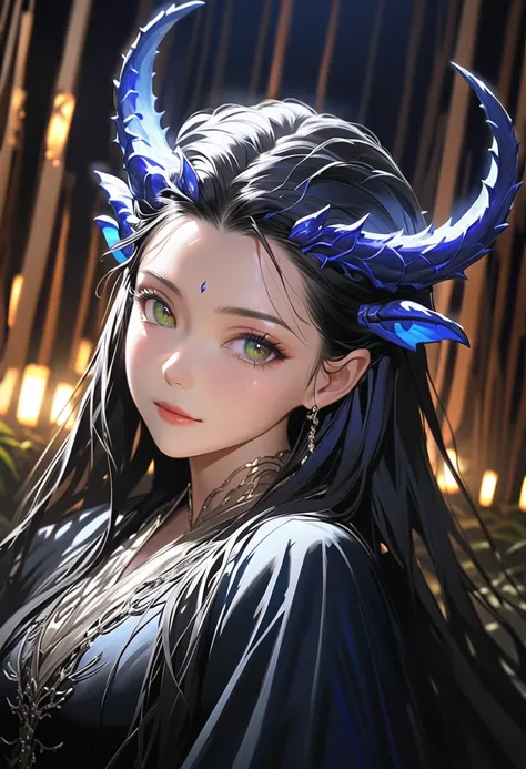 This character is a woman with a mystical aura, beautiful and mature. Her long, bright, shiny dark blue hair is combined with sharp shining green eyes. She has bright blue dragon horns on her head, wearing a black dress, set in a beautiful dark forest with...