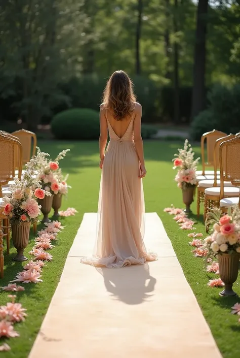 Create a wedding on a lawn with Tiffany chairs and carpet that the beige bride walks by, Place decorative vases on the edge of the carpet with flowers that match the carpet, Take care of the decoration. the image must be shown with a view of three vanishin...