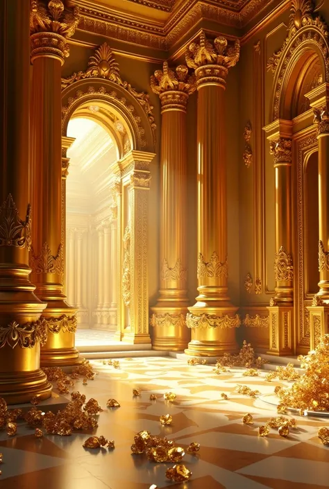  the interior of a magnificent palace with golden walls, diamonds ,  gems and gemstones 