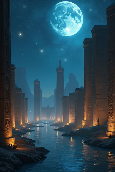 Amazing Ancient Egypt architecture mystical atmosphere stars and moonlight and Nile river at night with hyerogliphs 