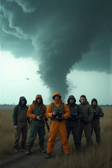 a team of storm chasers together taking a photo with a tornado behind them