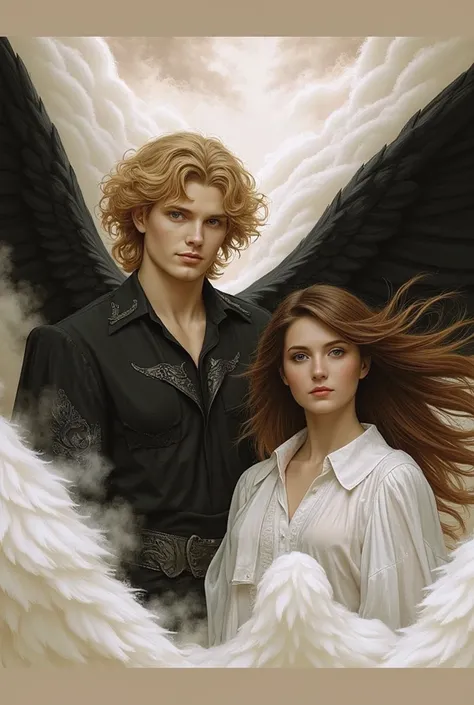 evil Dark angel in black Man physically perfect body muscular body frame full body shot, huge size black wings on his back, spiritual white female angel huge pastel pink wings, very long wavy brown hair hazel brown eyes Masterpiece, Anatomically Correct, B...