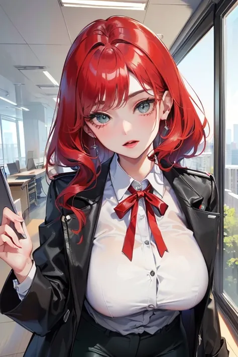 (( Best Quality )), (( Masterpiece)), ( Detailed ), 1 girl, (( with tight pants )), (( park background with a black jacket)), ((white blouse)), ((neckline)), (( big breasts)), ((Green and red hair)),(( beautiful eyes )), ( entering an office door), (29 yea...