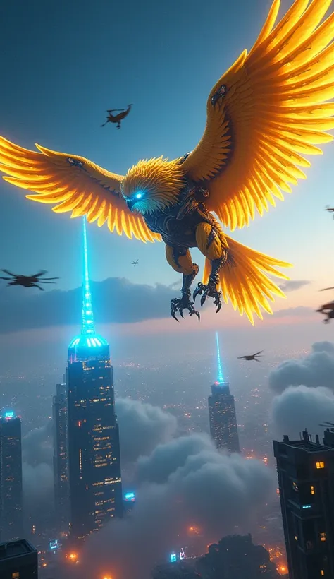 A colossal hybrid creature soaring over a futuristic cityscape bathed in neon and starlight. The creature’s body is that of a golden eagle, with feathers enhanced by glowing, metallic cybernetic plating. Its wings are enormous, with segments that transform...