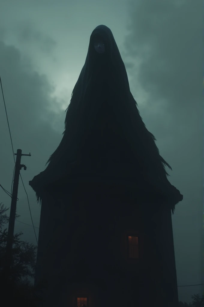  Girl from Five Nights at Freddys wearing a long black cape , a hood covering her head ,  sitting on a building in a mysterious and spooky atmosphere.