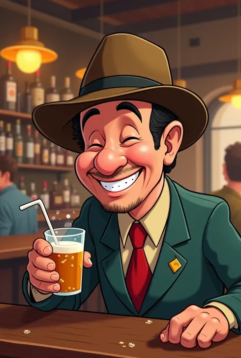  Seu Madruga from the series CHAVES, Drinking at a bar , Make a cartoon image and be very happy with it