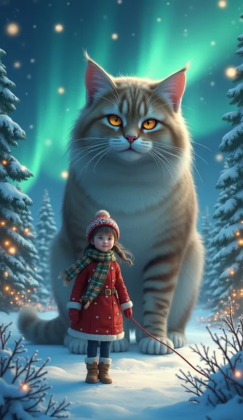 A girls dressed in Christmas clothes holds a leash and walks along with a very giant cat walking along. Christmas night, background lighting, fantasy setting, 8k, masterpiece, detailed