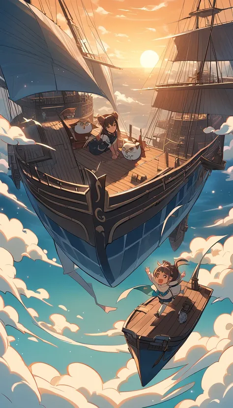 棚の上に立って船を見ている女性のanimeシーン, Flying Ship, Flying Ship in the background, airship, Jan J, animeファンタジーアート, airship, anime　 Spectacular Artwork, Ship with sails underneath, animeスカイ,  Run McCue , Jan Jin, owl ship , 空を飛ぶairship,  Raymond Han , Ship with sails