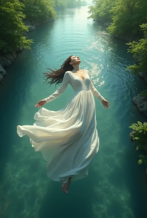 Woman submerged in the waters of a river wearing a white long-sleeved dress