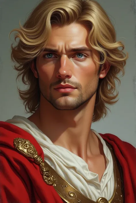 create an europe noble prince with blonde, strong hair colour, quite long hair to the neck, semi-curly hair. blue shiny eyes, strong jawline with aesthetic facial parts. Wearing Greek noble clothes, showing strong appearance as the prince, Realistic, Paint...