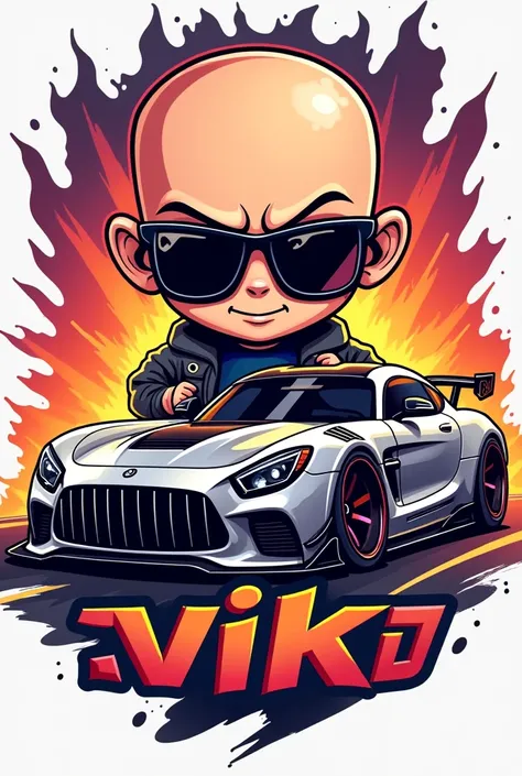 Pelón cartoon logo with dark lenses and a car and the letters Vik Toretto 