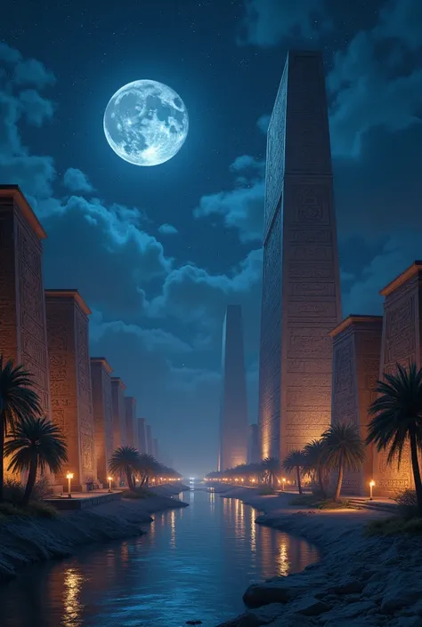 Amazing Ancient Egypt architecture mystical atmosphere stars and moonlight and Nile river at night with hieroglyphs at dark nights 