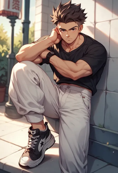 Strong boy  ,  wearing a slightly glued black training shirt , He wears white Toji style pants , and black sneakers ,  his hair is long short and covers part of his face,  he has dark brown eyes that have a twinkle in the middle 