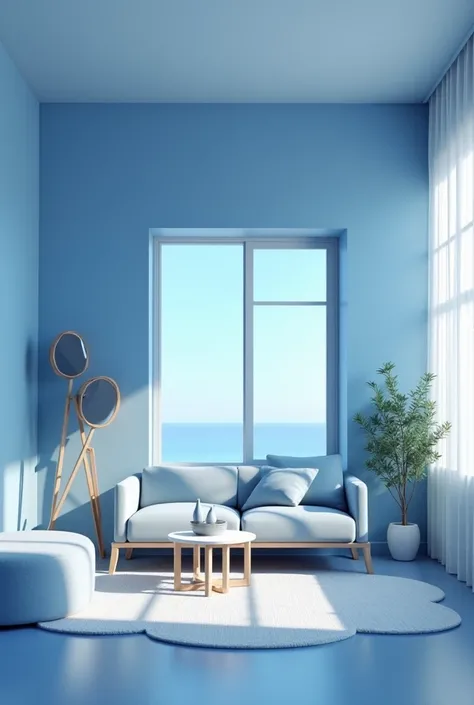 Create an animated 3D interior of a minimalist house with a color scheme primarily featuring various shades of blue. The room should have modern, sleek furniture with simple lines and clean surfaces, typical of minimalist design. Include elements like a co...