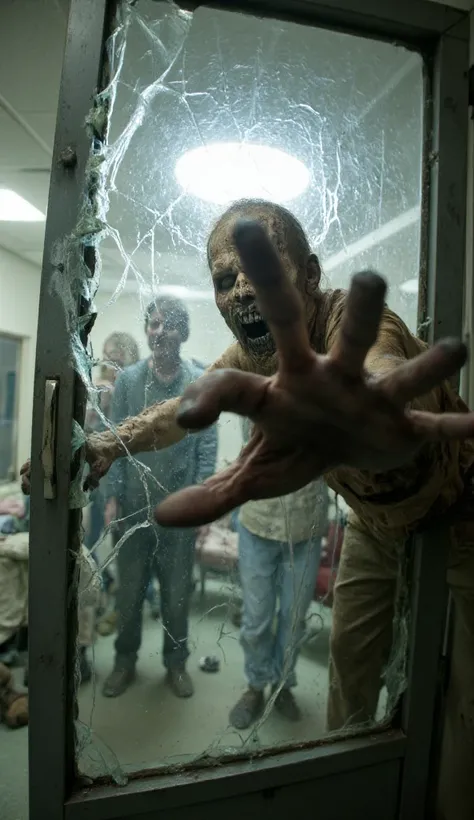 The door inside the hospital ， The door with an iron bar in front of it opened a slit， was lost. Behind the glass door, a zombies hand broke the glass and extended it into the picture， inside a hospital with a few disguised zombies behind the door，The zomb...