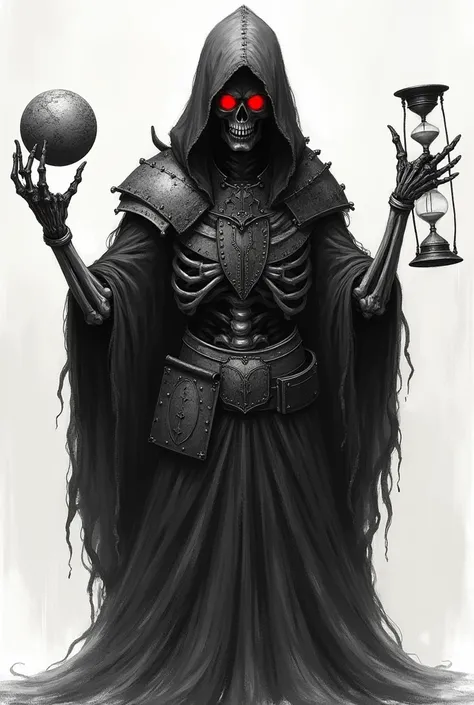 Art sketch, Death no faceless hood ,red-eyed ,in a Plate Carrier, in one bony arm holds a globe , in the other bony arm holds an hourglass 