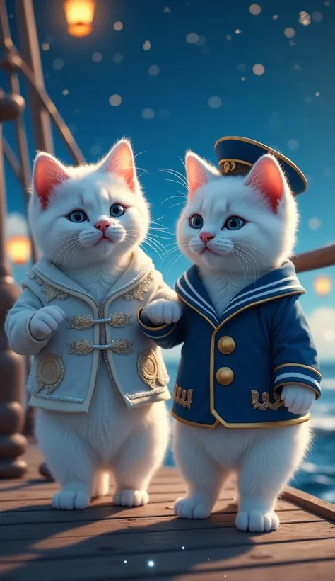 Baby Cats in a Starry Ocean Voyage
Two white baby cats walking upright on a mystical ship under a starlit sky. One wears a flowing sailor-inspired outfit with silver embroidery, while the other sports a captains hat and a blue jacket with golden buttons. T...