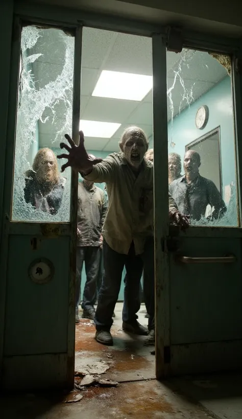 The door inside the hospital ， The door with an iron bar in front of it opened a slit， was lost. Behind the glass door, a zombies hand broke the glass and extended it into the picture， inside a hospital with a few disguised zombies behind the door，The zomb...