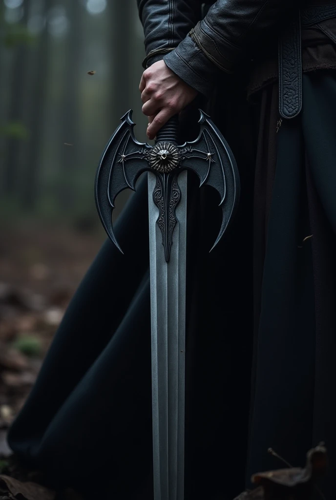 I pick up my own sword a large sword with a blade that reaches the belly and is made of Valyrian steel with the guard like black wings like that of bats. The sword was 1 meter long, where the curvature of the wings is at the bottom instead of the top