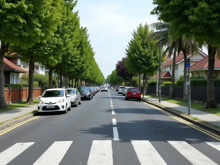 The road is clean. There are sidewalks for pedestrians on both sides, trees and houses. There are cars on the road and there is a zebra crossing where cars are parked at the crosswalk to wait for people to cross the road.