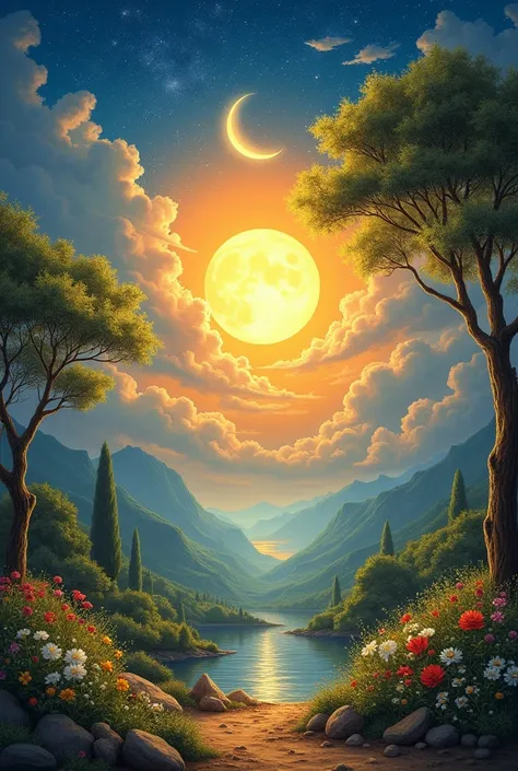  create 12 images following these instructions : 

1. **Brother Sun **: Una imagen del sun radiante,  illuminating a natural landscape with great splendor ,  reflecting his  " beauty and splendor ".

2. ** Sister Moon and the Stars **:  A night scene with ...