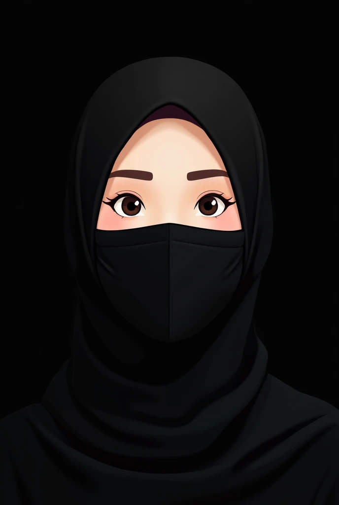 Am a web developer. I need a avatar for my FB dp . Create a cute girl with cute  eyes avatar in hijab and face should be covered with mask. Make eye small it is too big and send in black colour theme 