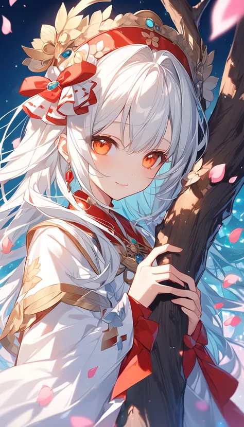 Anime girl with long white hair and red headdress on a tree, White-haired goddess,  more beautiful than Kira girl,  more beautiful than Kira,  more beautiful than Kira portrait, Perfect white hair girl,  young anime girl ,  more beautiful than Kira style, ...