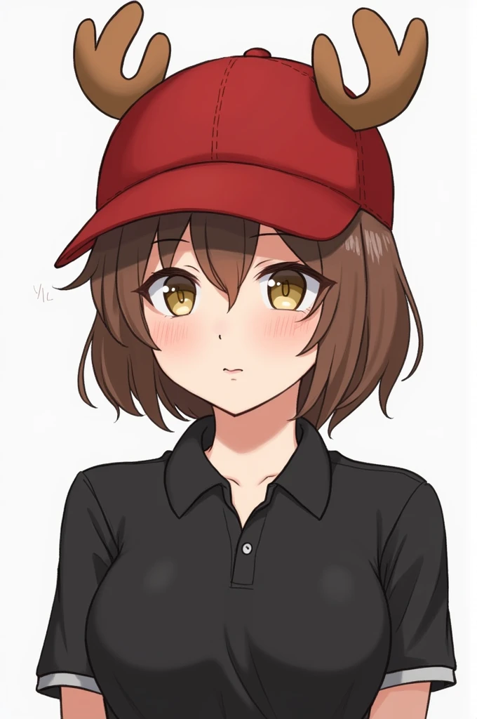 Brown hair with red cap with reindeer headband black polo 