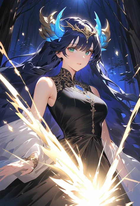 This character is a woman with a mystical aura, beautiful and mature. Her long, bright, shiny dark blue hair is combined with sharp shining green eyes. She has bright blue dragon horns on her head, wearing a black dress, set in a beautiful dark forest with...