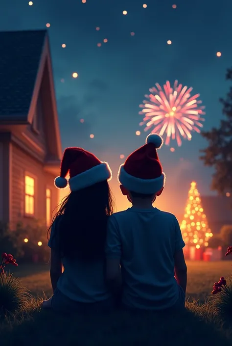 Silhouettes of a 19-year-old boy and girl wearing Christmas hats that dont look at their faces sitting outside a house with a garden on Christmas Eve with fireworks and a Christmas tree