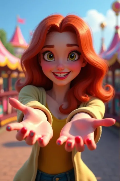 a Disney pixar style image, focus on women,  A red-haired woman, showing her hands in the direction of the screen ,  the womans nails are painted in various colors, in the background an amusement park, perfect quality , Clear focus (clutter-home: 0.8), ( m...